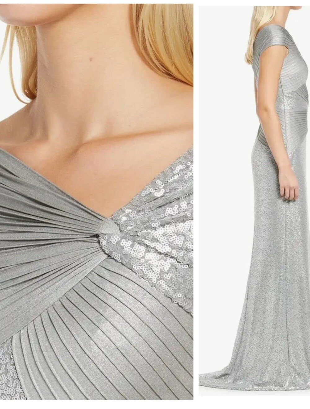NWT $558 Tadashi Shoji Parma Draped Sequin Gown Silver Women's Medium Evening - Picture 3 of 12